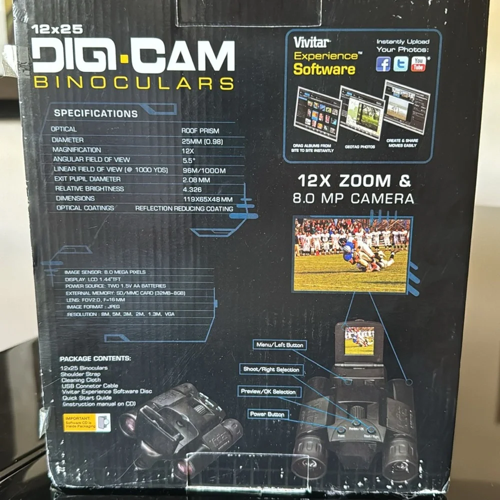 Vivitar 12x25 Dig-Cam Binoculars, NEW in Box, Capture Action Pics at Eve…